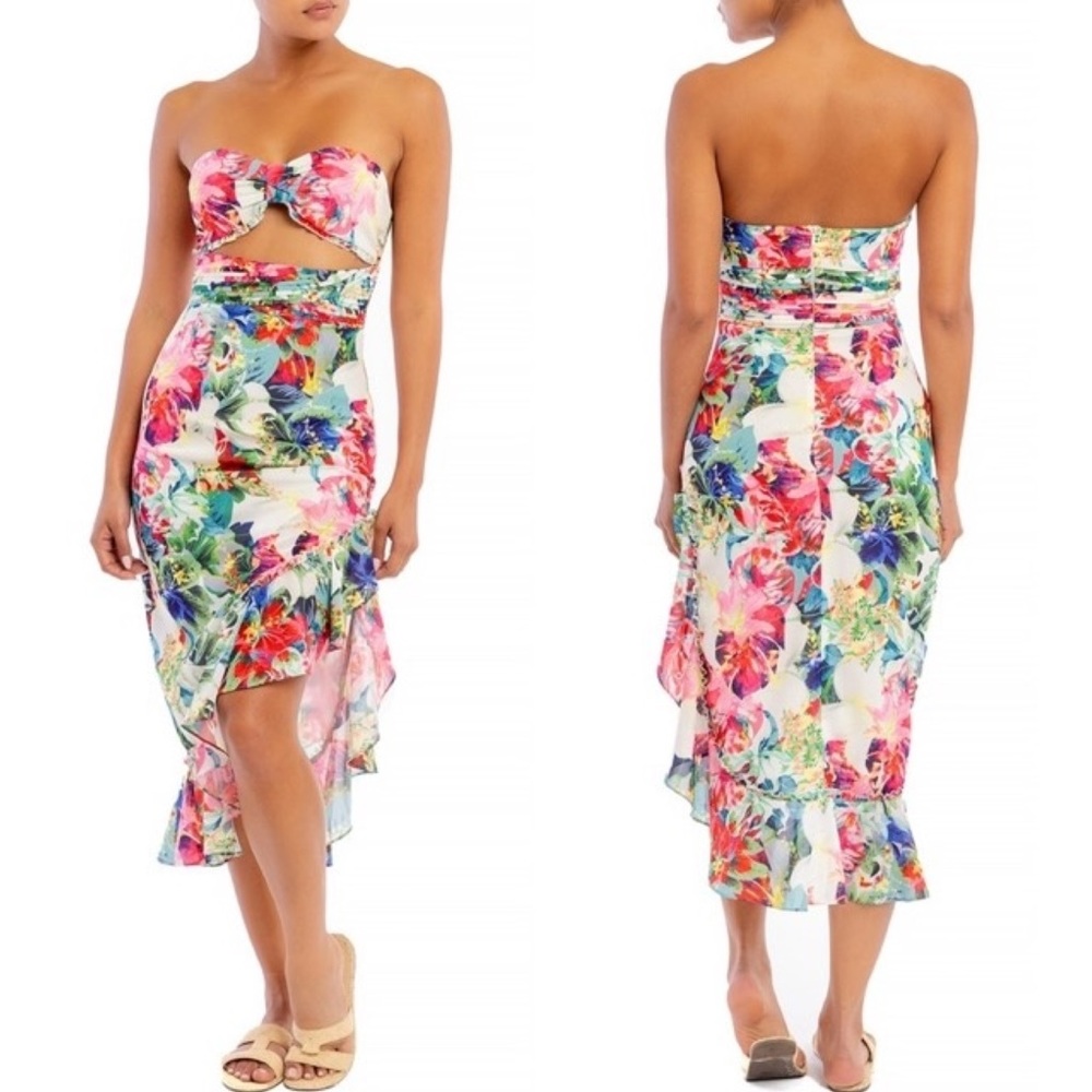 🌺 Strapless Sweatheart Hawaiian Floral Tropical Ruffled Midi Dress Vacation  (A)